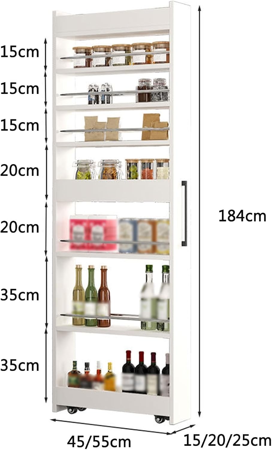 Kitchen Storage Organizer, 7 Tier Slim Rolling Cart, Narrow Gap Shelf, Space Saving Freestanding Mobile Shelf for Kitchen, Laundry, Bathroom(Color 1,15x45x184cm/5.9x17.8x72.4”)