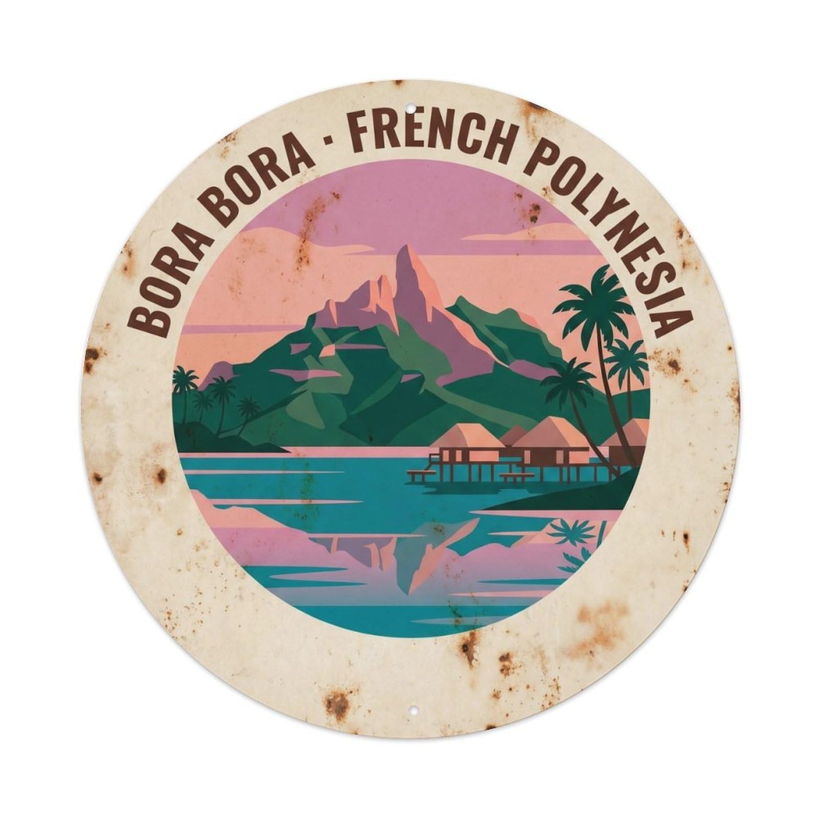 Olhnbad Style Bungalow Borabora Otemanu Lagoon Pink Dawn Vintage Metal Tin Sign