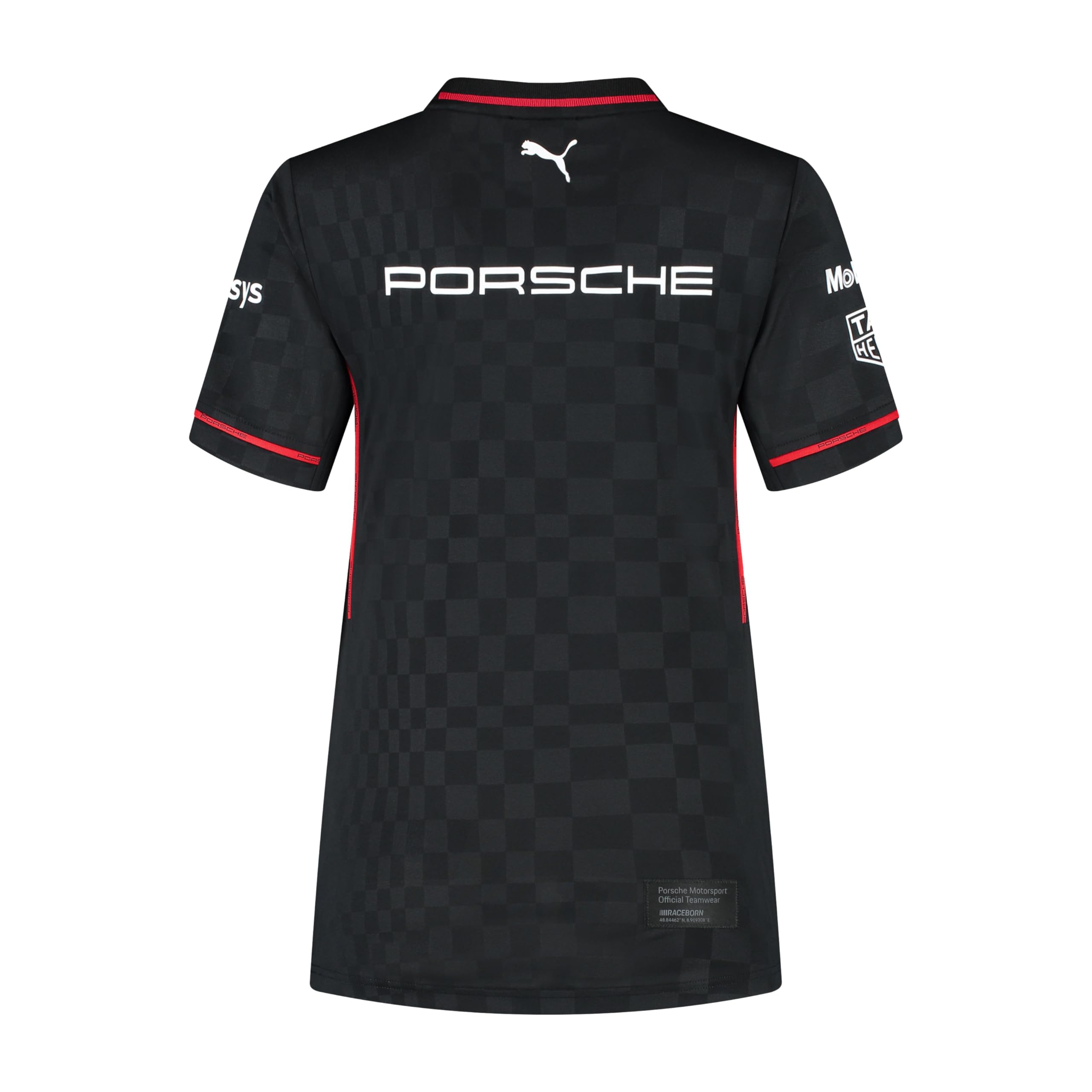 PUMA Porsche Motorsport Damen Team T-Shirt - Schwarz | Tonaler Alloverdruck auf Stoff, Porsche Motorsport Team Logo Druck auf der Brust