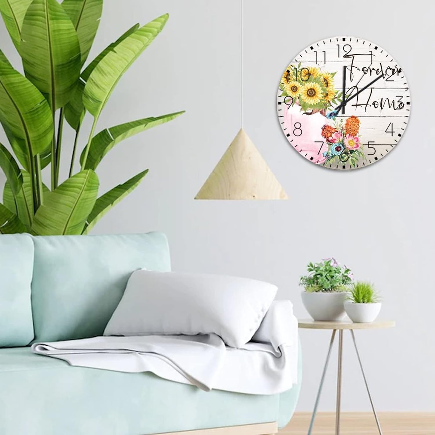 12" Wood Hanging Wall Clock Forever Home Silent Non-Ticking Clocks Floral Fireplace Decor for Hotel Retro Yellow Sunflower Artwork Round Wooden Wall Clock Vintage for Above Fireplace Family Room