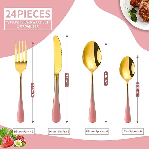 Miniatura 2 de Juego de cubiertos de 24 piezas con organizador, juego de cubiertos de oro rosa degradado para comedor familiar, 6 cubiertos de acero inoxidable de