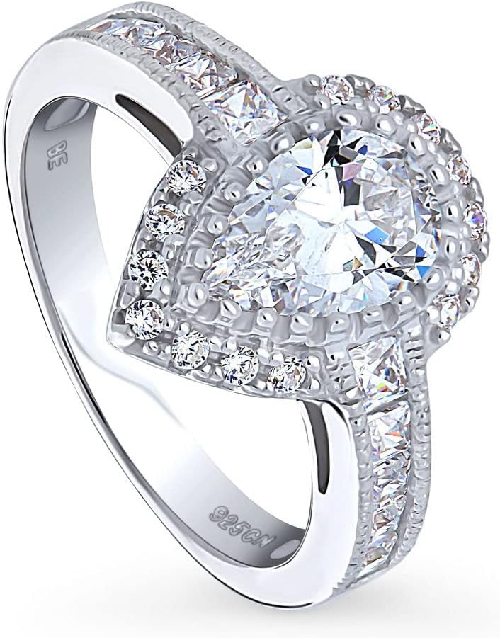 BERRICLE Sterling Silver Halo Wedding Engagement Rings Pear Cut Cubic Zirconia CZ Milgrain Ring for Women, Rhodium Plated Size 4-10