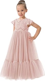 Girl Orchid Lace Flutter Sleeve A-Line Swirly Ruffle Tulle Communion Rustic Boho Flower Girl Dress - Buy now