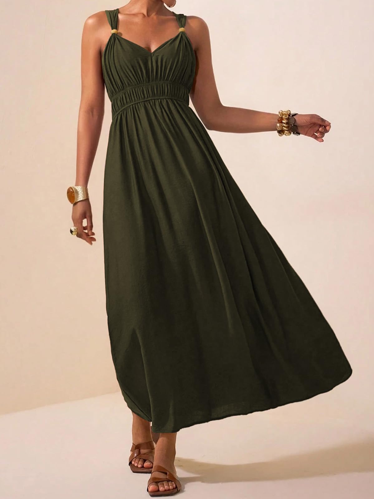 LIAMERHE Robe Longue Femme Été Chic et Élégante - Robe Maxi Décontractée Col en V sans Manches Robe de Plage Bohème Vintage Taille Haute Élastique pour Vacances Fête Quotidien
