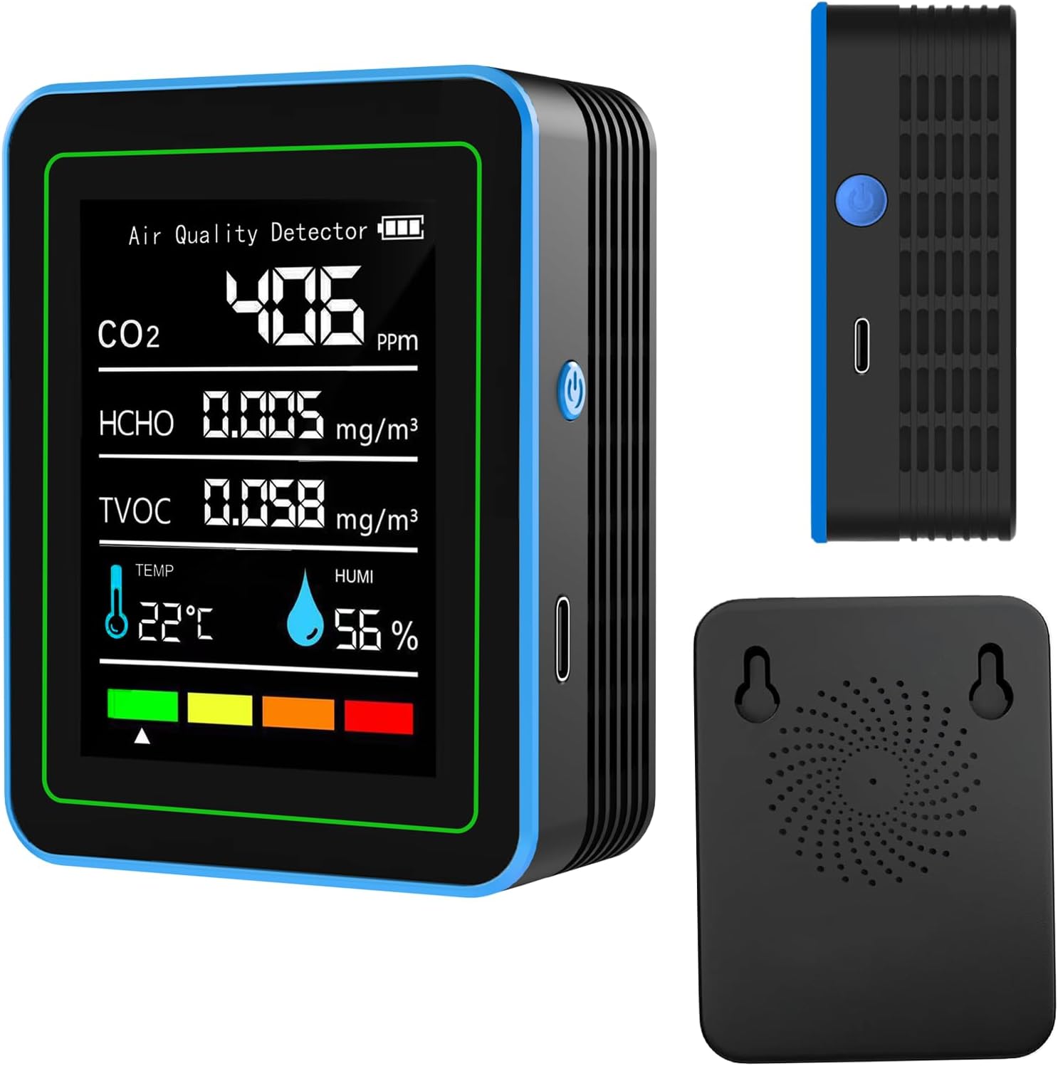 air Quality Monitor Indoor 5 in1,Home air Quality Test,air Quality Tester,Portable Detector for CO2, TVOC, HCHO, Humidity& Temperature,for Home, School, Hotel,Office,Car(Blue+Black)