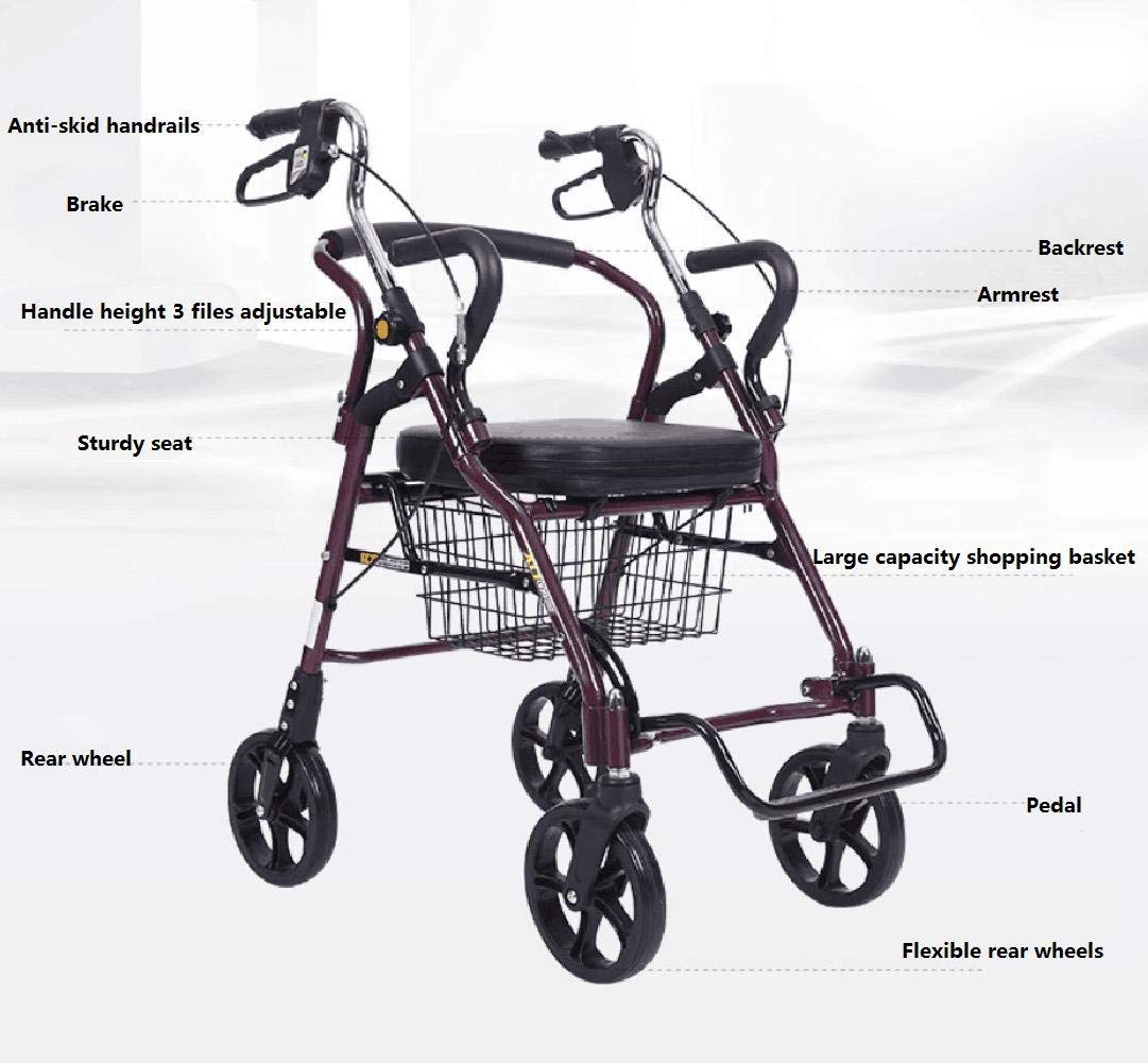 Carrello Portaoggetti Multifunzionale, Sedie a Rotelle, Sedia a Rotelle per Anziani, Carrello Della Spesa Pieghevole a 4 Ruote in Alluminio Leggero con Sedile Imbottito, Freni Bloccabili e Cest
