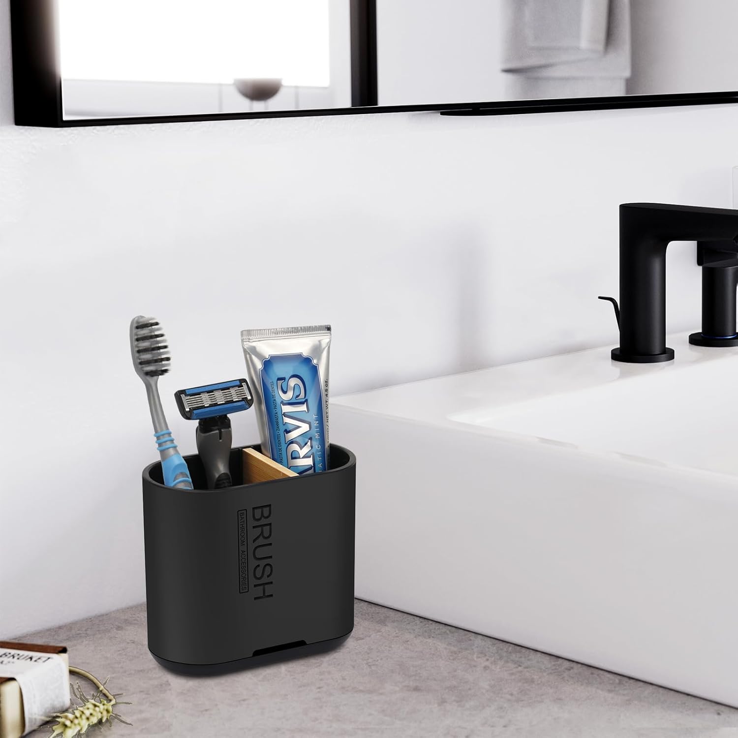 Toothbrush and Toothpaste Holder with Bamboo Divider for Bathroom Countertop Organizer, Detachable for Easy Clean, 2 Slots Electric Toothbrush Holders Storage Caddy Drainage for Family-Black - Image 2