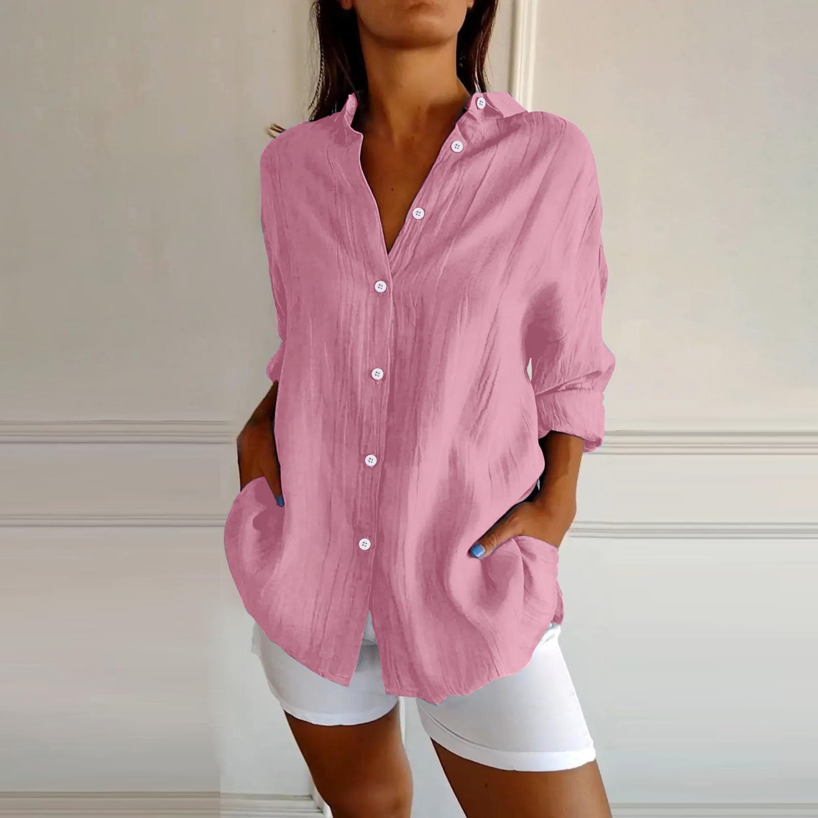 Button Down Manica Lunga 2026 Camicie di Lino per le Donne Classiche Primavera Estate Alla Moda Risvolto Colletto Mussola Abiti Spiaggia Lino Camicette di Cotone Camicette Da Donna Leggera Garza