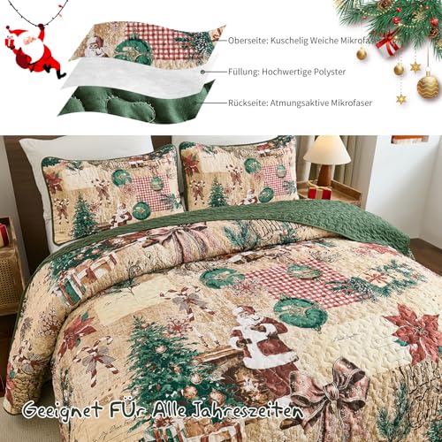 WONGS BEDDING Tagesdecke 220x240 Weihnachts Bettüberwurf Steppdecke Doppelbett Gesteppt Mikrofaser 3 Teilig Weihnachts Tagesdecken mit 2… – Ansicht 6