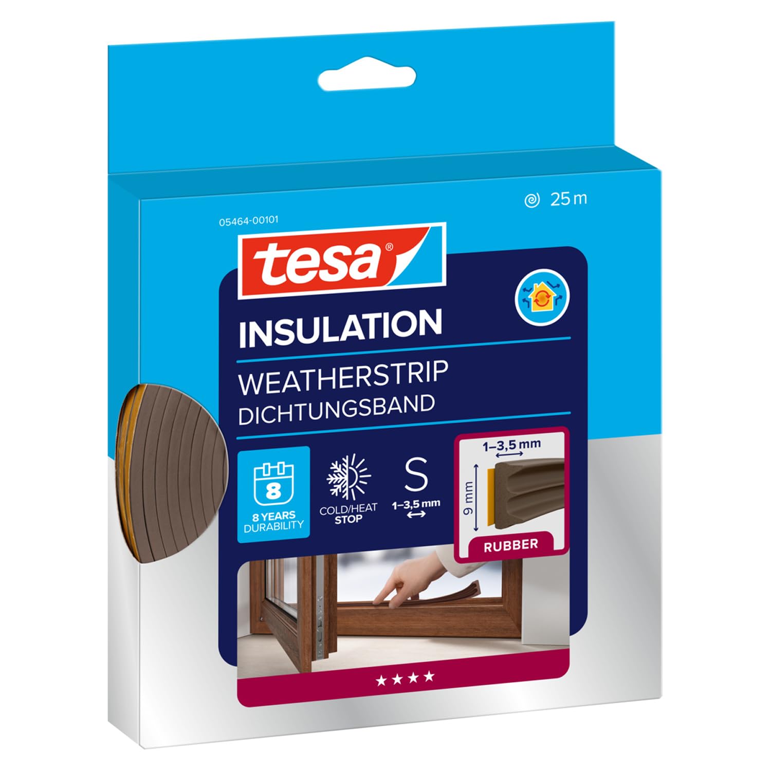 tesa INSULATION Bande d'étanchéité S - Joint en caoutchouc autocollant pour l'isolation des fentes des fenêtres et des portes - Marron - 25 m x 9 mm x 4 mm