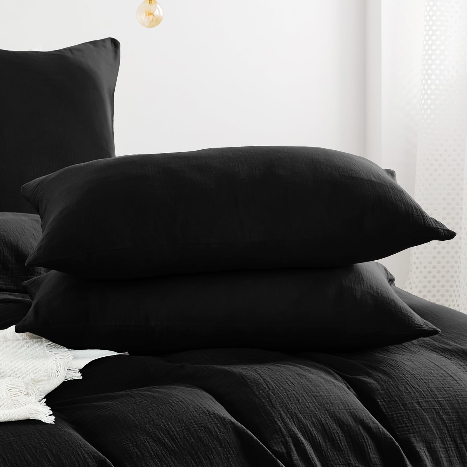 WONGS BEDDING Musselin Bettwäsche 135x200 Schwarz mit 80x80 Kissenbezug