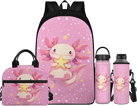 Flashideas Pink Axolotl Kids Backpack Set 4Pcs with Lunch Box Insulated Water Bottle and Water Bottle Case Cover with Padded Strap 20oz Water Bottle Elementary Middle School Kids Backpack