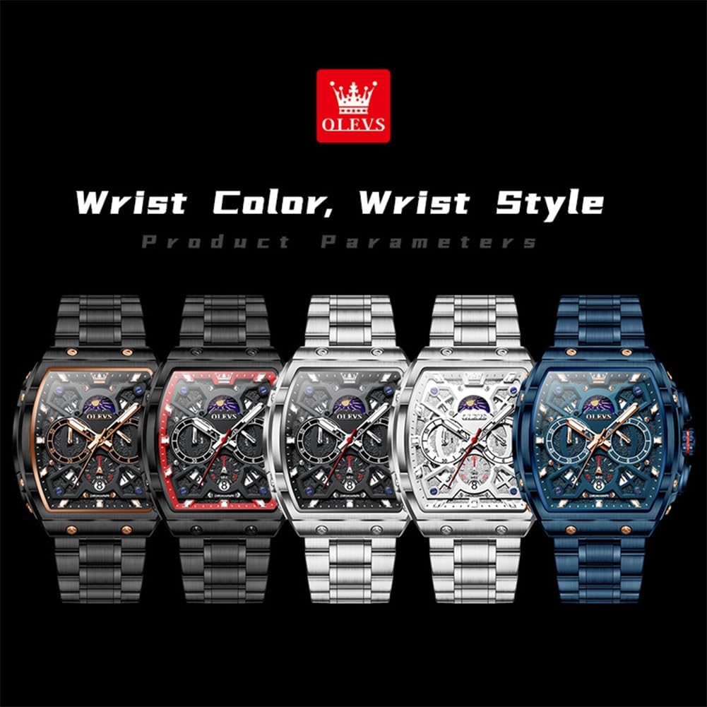 OLEVS Men Watches Business Dress Chronograph Big Square Quartz Analog Male Watch Silicone Strap Waterproof Date Gift Mens Wrsit Watch Silver