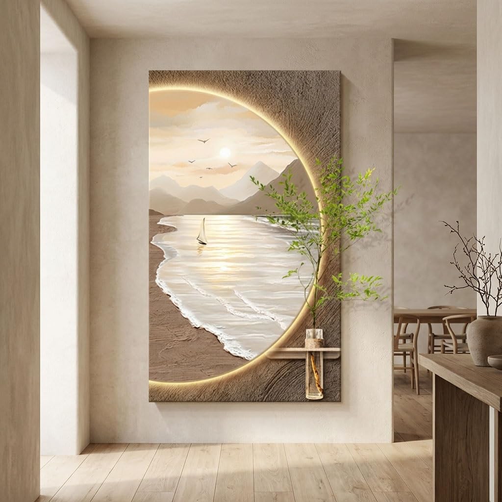 OEPCHEFACX Sandstone Wall Art Decor with Glass Vase and LED Backlight, Modern Textured Frameless Sculptures Mural for Living Room, Hallway, Entryway,Plug-in Power(D,50x87cm/19.7"x34.3")