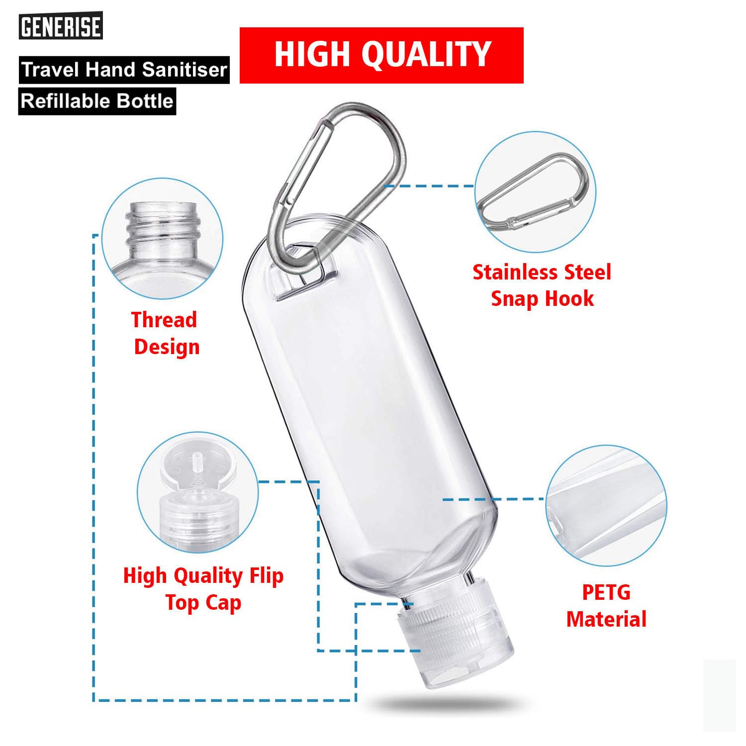 Flacone disinfettante per le mani con clip, 4 flaconi riutilizzabili per disinfettanti per le mani, 50 ml, con coperchio ribaltabile e moschettone