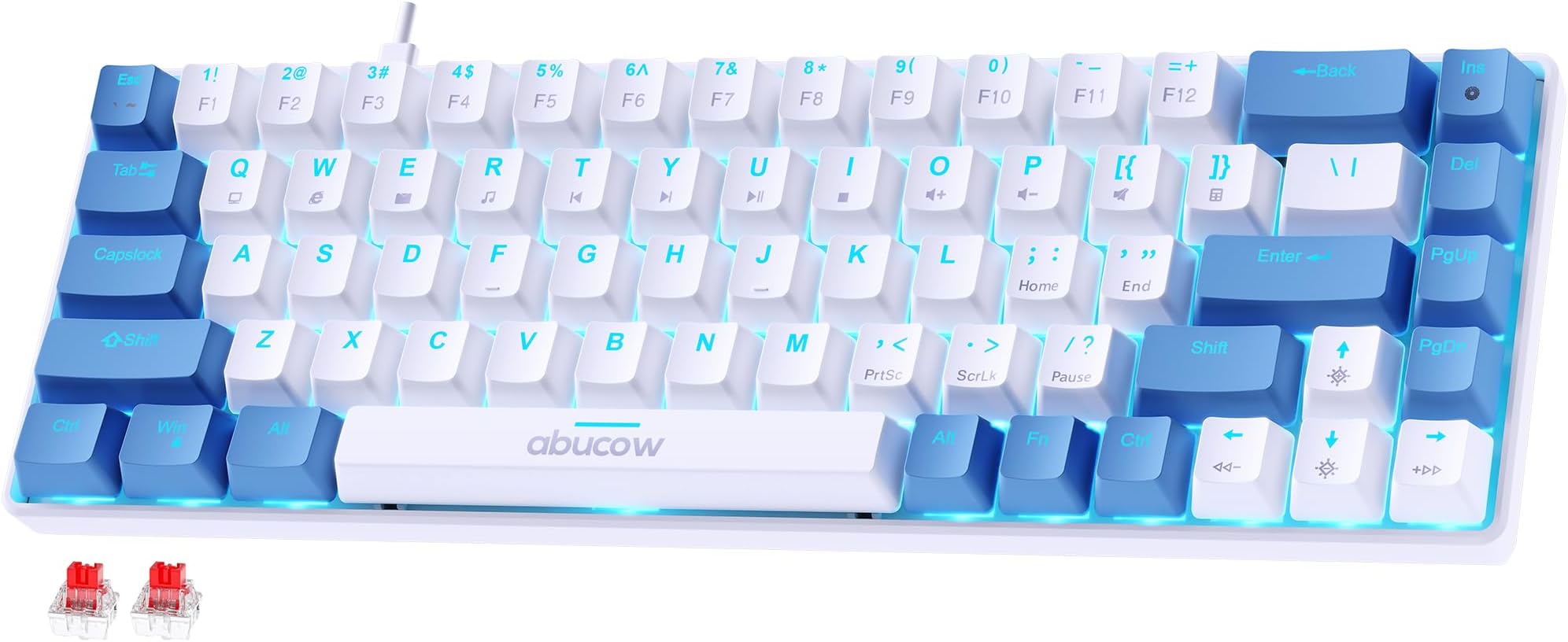abucow 68-Key Mechanical Keyboard with Blue Backlight 60% Gaming Keyboard Black-Gray Keycaps - Red Switches for a Premium Typing and Gaming Experience on PC and Mac (Blue-White)