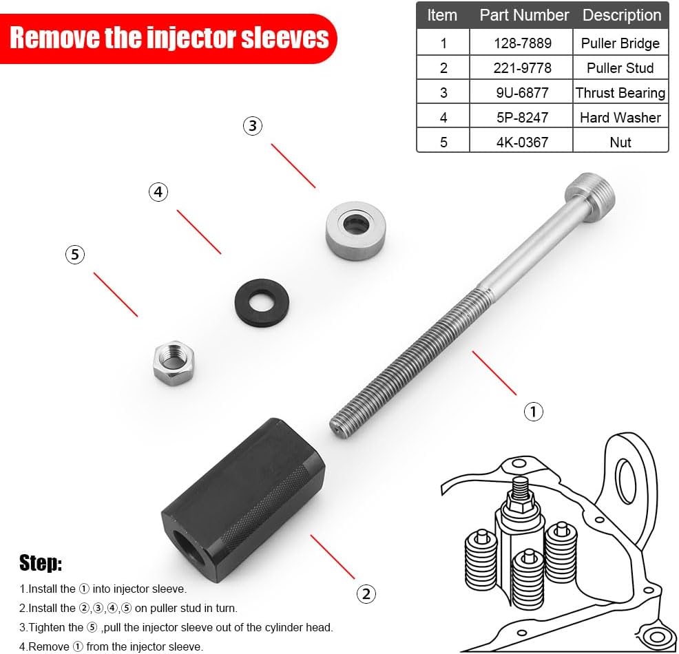 9U-7227 Injector Height Tool + 9U-6891 Injector Sleeve Remover Installer Set l+J-38587-a Engine Barring Socket Installer Tool Set Suitable For CAT Caterpillar 3406E C-15 C-16 Engines (8 PCS)