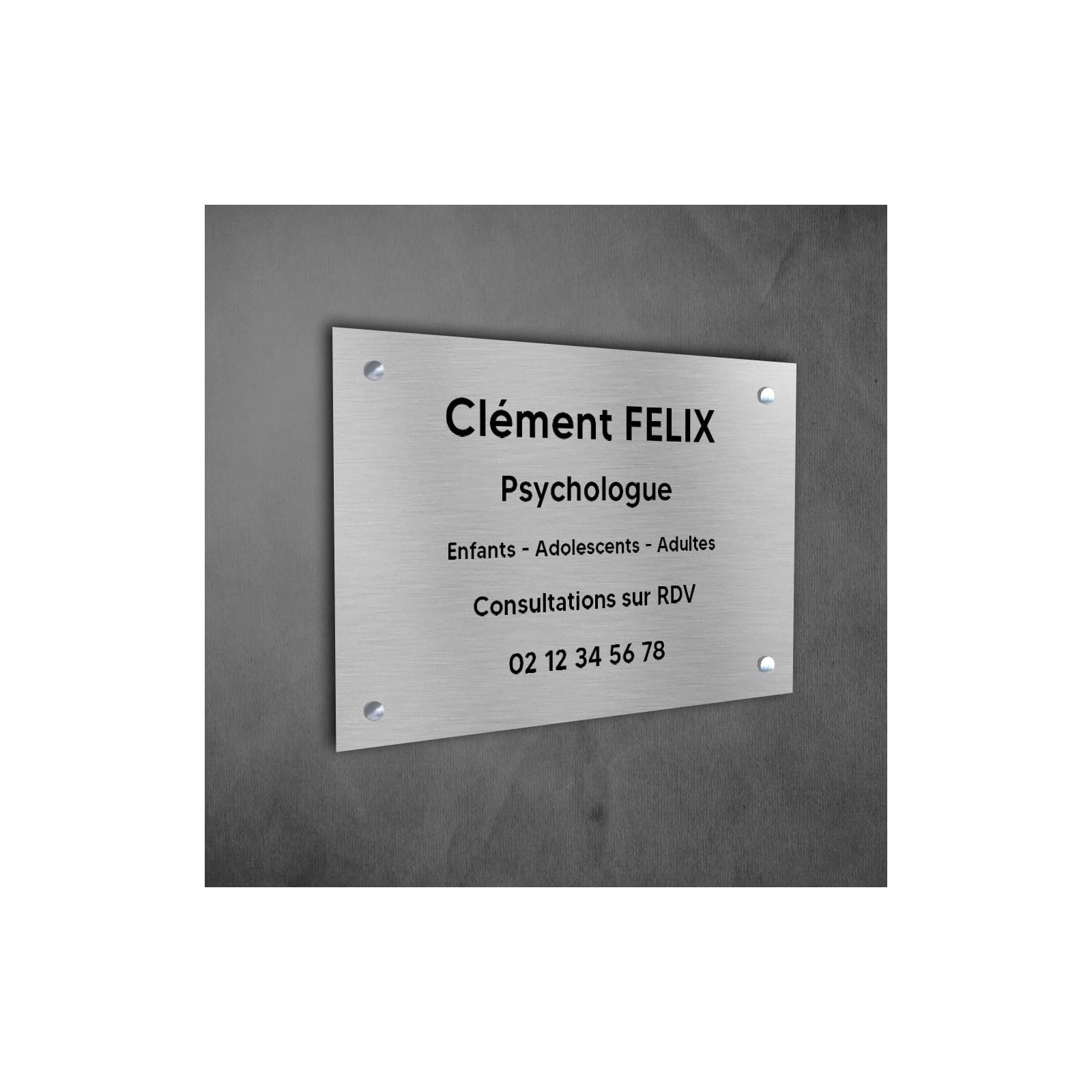 DECOHO - Plaque professionnelle personnalisée en PVC pour psychologue, sophrologue - Argent lettres noires Vis + chevilles + cache vis
