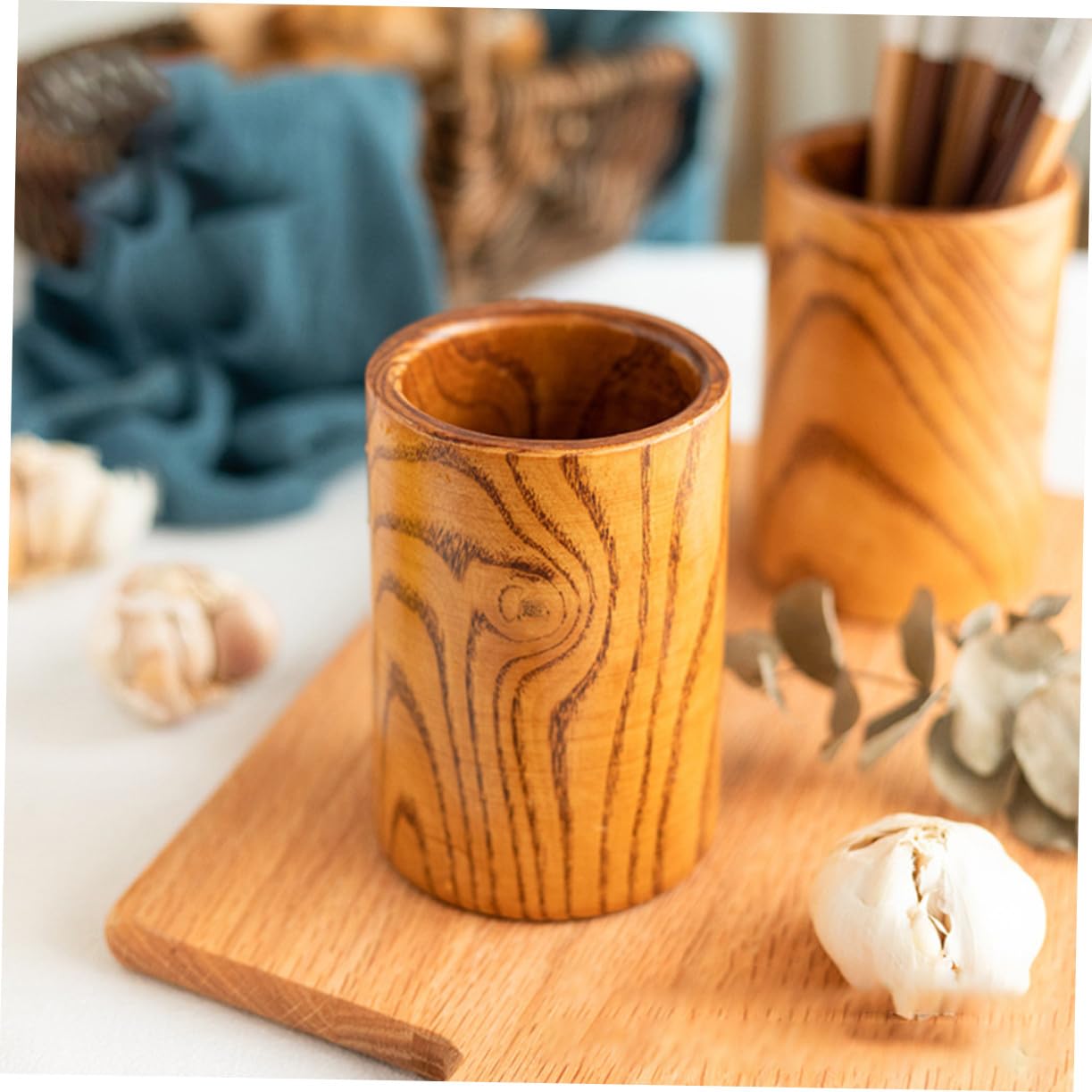 Soporte de Utensilios de Madera Resistente para Cocina Organizador de Cubiertos y Utensilios Portaplumas y Escurre Cubiertos Compacto para Encimera