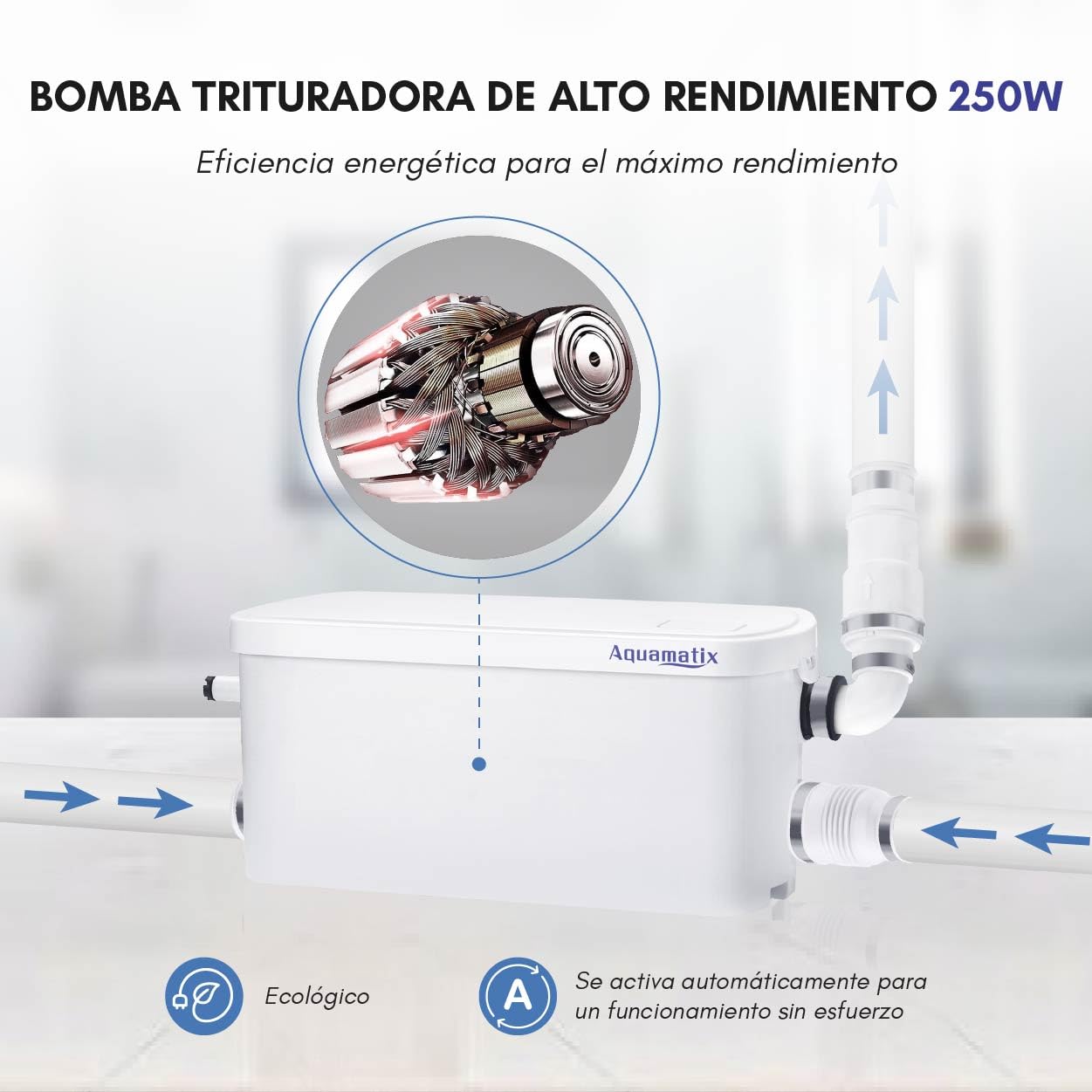 Aquamatix pequeña estación de elevación, 250 W con triturador compacto, bomba de aguas residuales hasta 8 m de altura de descarga, con 2 entradas, para ducha y lavabo