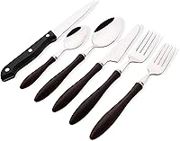 Vista 8 de Juego de cubiertos con mango de madera, 24 piezas (4 juegos), juego de cubiertos con cuchillos para carne, vajilla de acero inoxidable 304, Amarillo