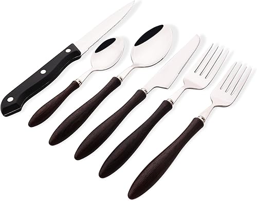 Miniatura 8 de Juego de cubiertos con mango de madera, 24 piezas (4 juegos), juego de cubiertos con cuchillos para carne, vajilla de acero inoxidable 304,