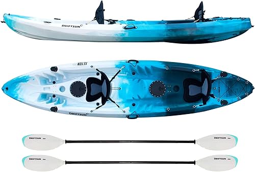 Driftsun Teton - Kayak en tándem recreativo de 120 unidades paquete de kayak para 2 o 3 personas con 2 asientos acolchados de EVA incluye 2 paletas