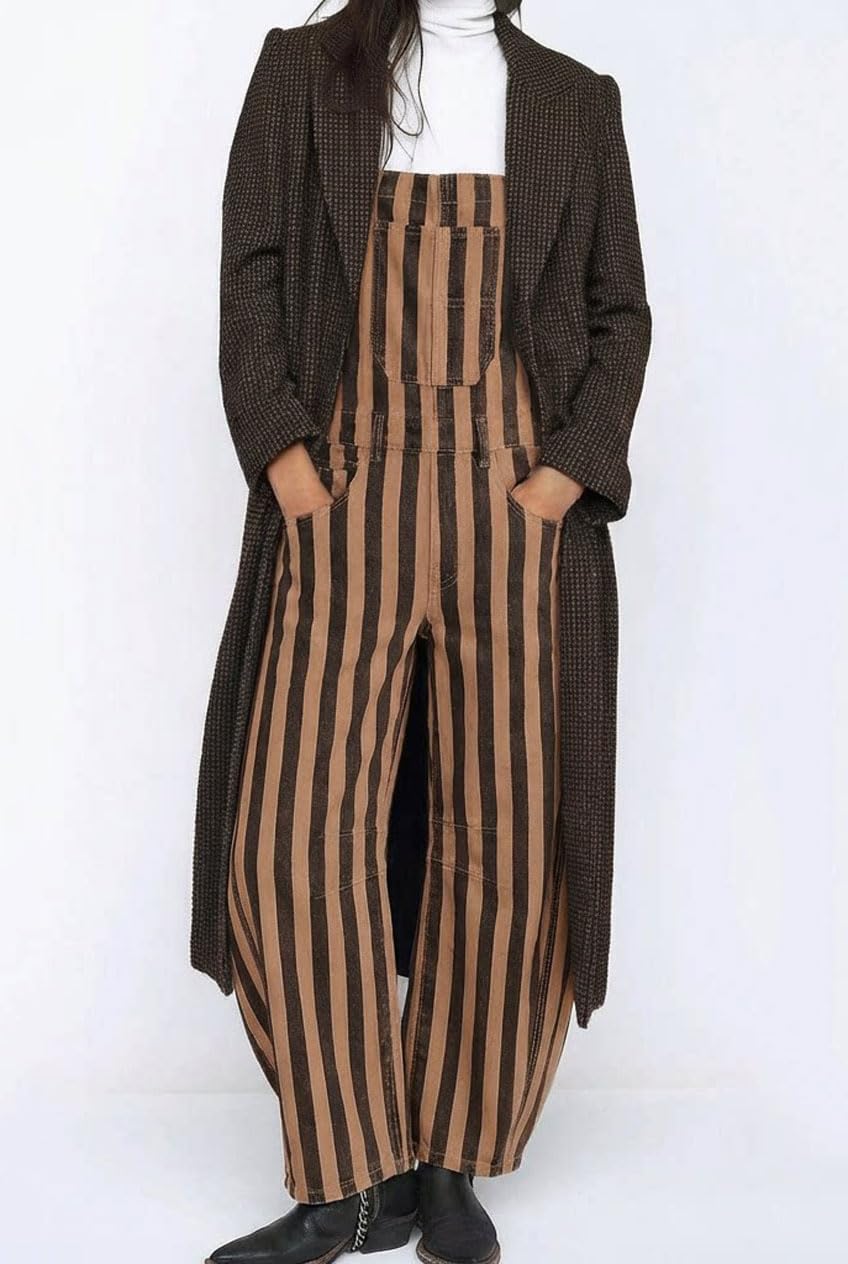 utcoco Women's Y2k Baggy Barrel Jeans Overalls Wide Leg Striped Denim Jumpsuit Stretch Bib Coveralls