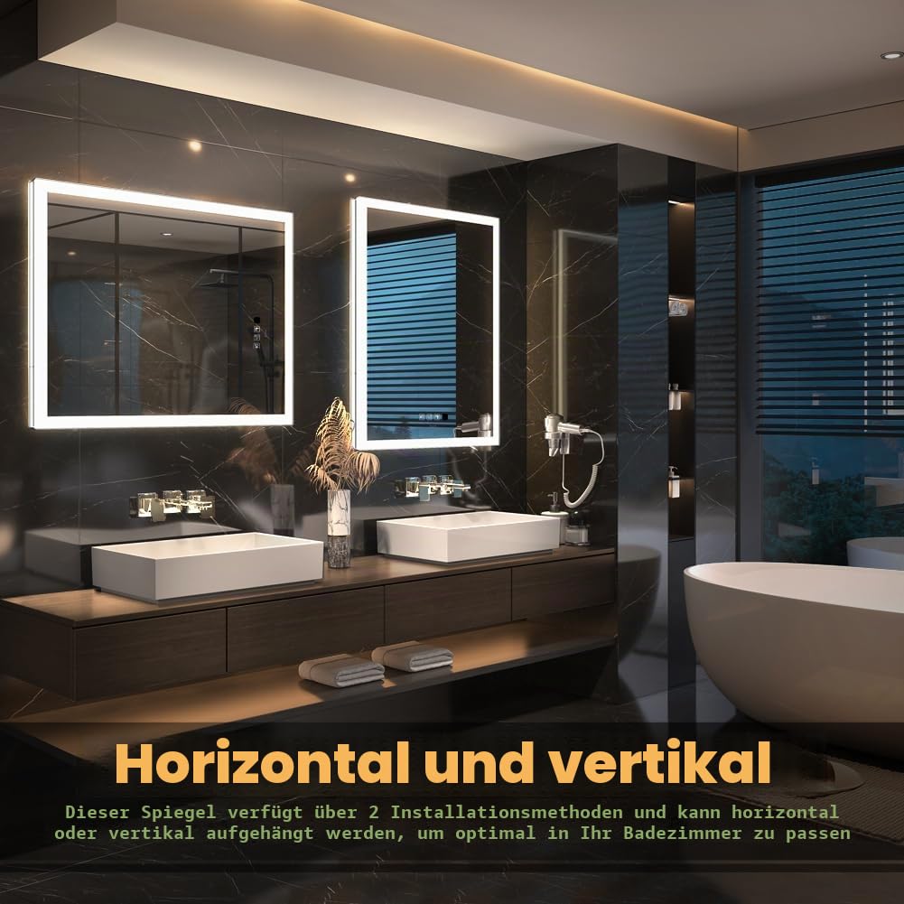 GANPE LED Badezimmerspiegel, Schminkspiegel Wandmontage, menschliche Induktion, Bluetooth, Anti-Beschlag, IP44 Wasserdicht + Vertikal & Horizontal (50 x 70 cm)