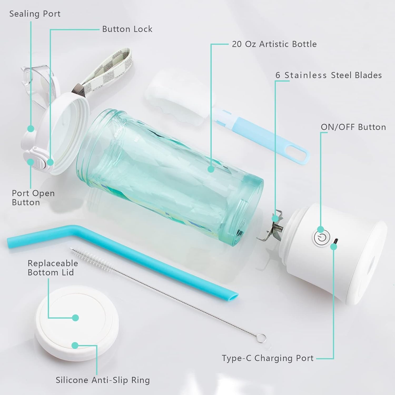 Smoothie Blender with 6 Sharp Blades, Rechargeable Personal Blender for Shakes and Smoothies with 600ML Travel Cup and Lid, for Kitchen, Hiking, Office, Gym