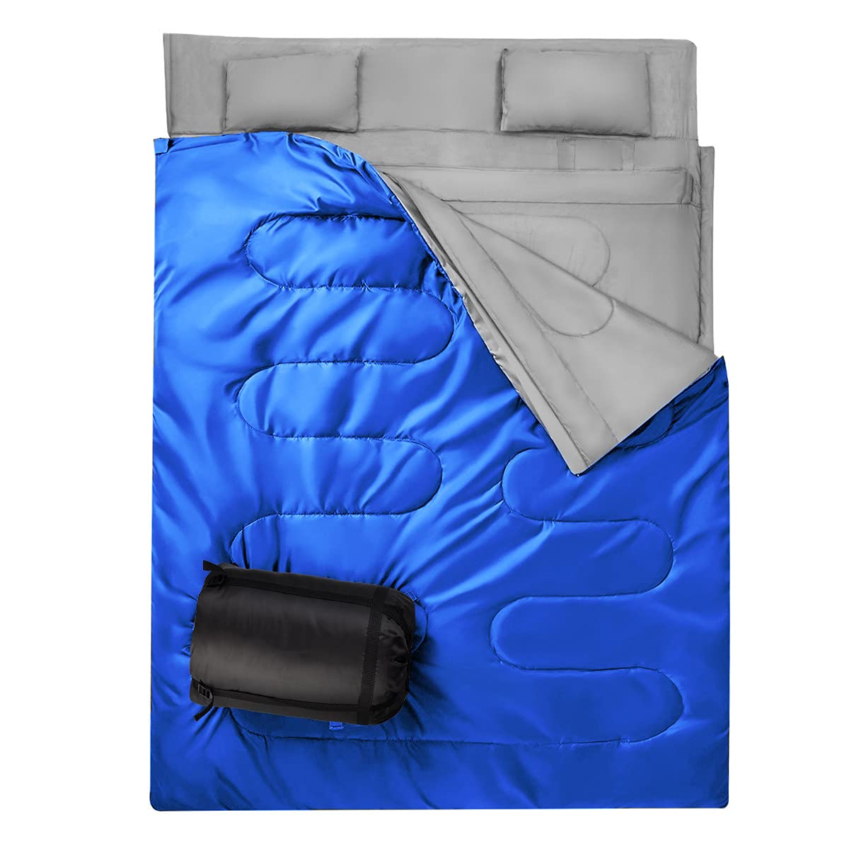 GYMAX Saco de Dormir Doble 2 en 1, Saco de Dormir Adulto con 2 Almohadas y Bolsa de Transporte, Saco Cama Campismo para 2 Personas, Ligero y Resistente al Agua de 0 °C a 15 °C
