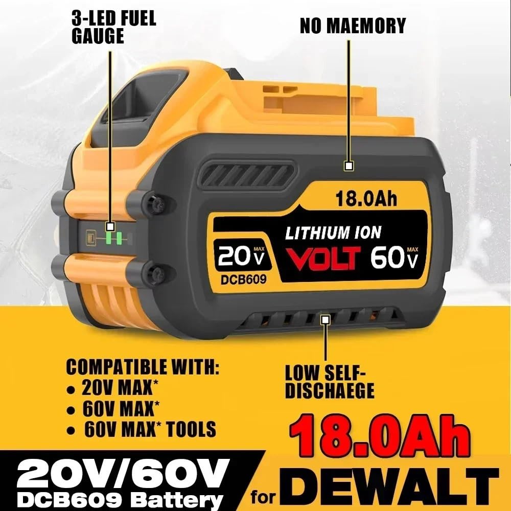 Akumulator litowy 18 Ah, 20 V/60 V, kompatybilny z narzędziami serii DeWalt FLEXVOLT MAX DCB609/DCB606/DCB612 i DCD996/DCF885/DCS391, akumulator o wysokiej wydajności 18000 mAh do elektronarzędzi
