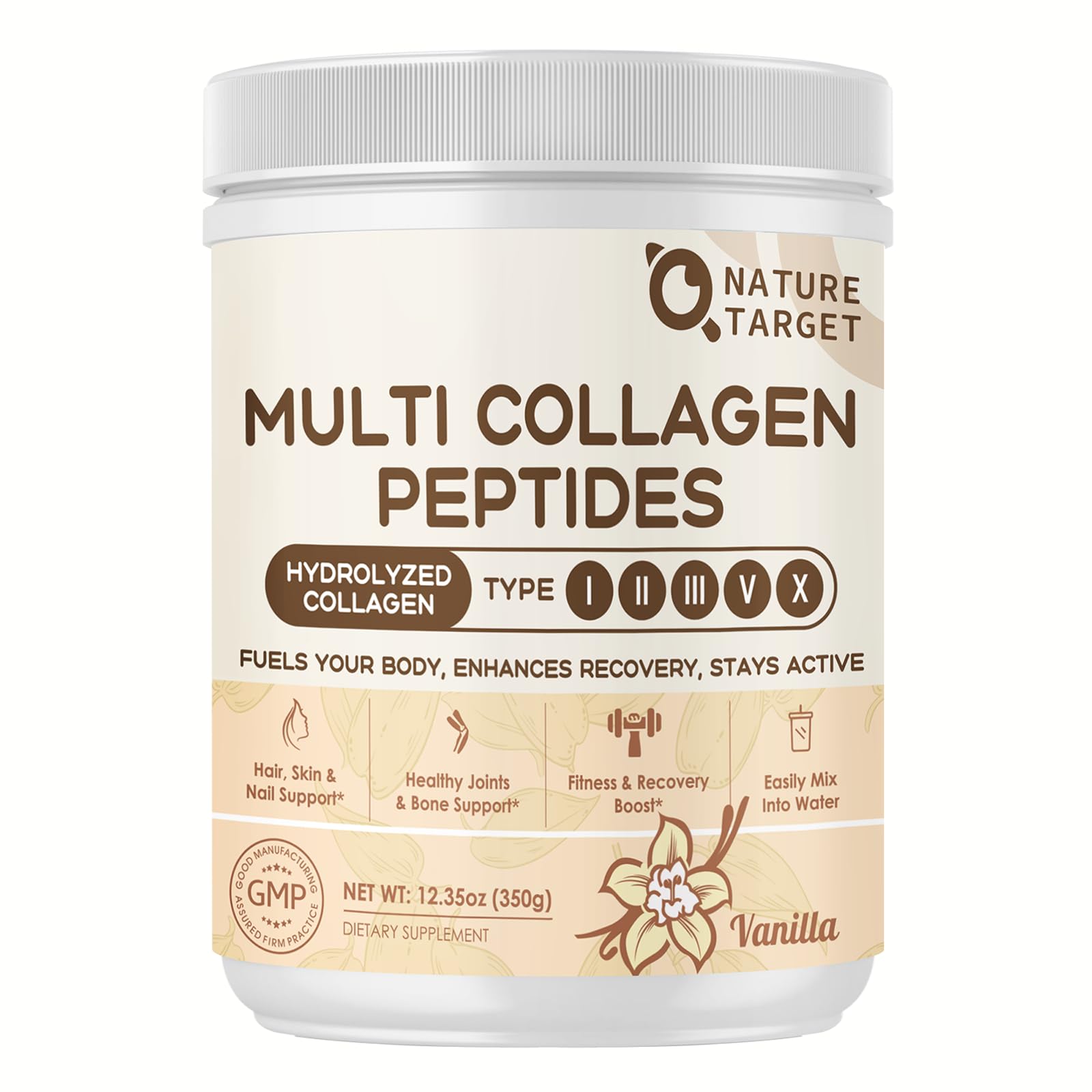 NATURE TARGET Multi Collagen Peptides for Women, Vanilla, 35 Servings 12.35 Ounce (Pack of 1)