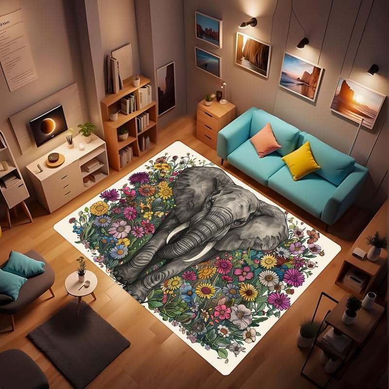 LUCKYLEI African Elephant Floral Rug, Colored Pencil Style Jungle Wildlife Elephant Rug, Contemporary Art Soft Decorative Floor Mat for Bedroom