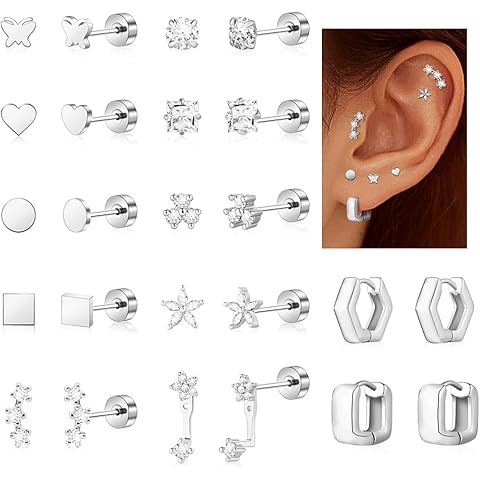Wgoud 12 Pairs Hypoallergenic Surgical Steel Earrings for Sensitive Ears Waterproof Trendy Gold Plated Small Stud Flat Back Stainless Steel Earrings for Women Men Hoop Cartilage Earring Set for Multiple Piercing