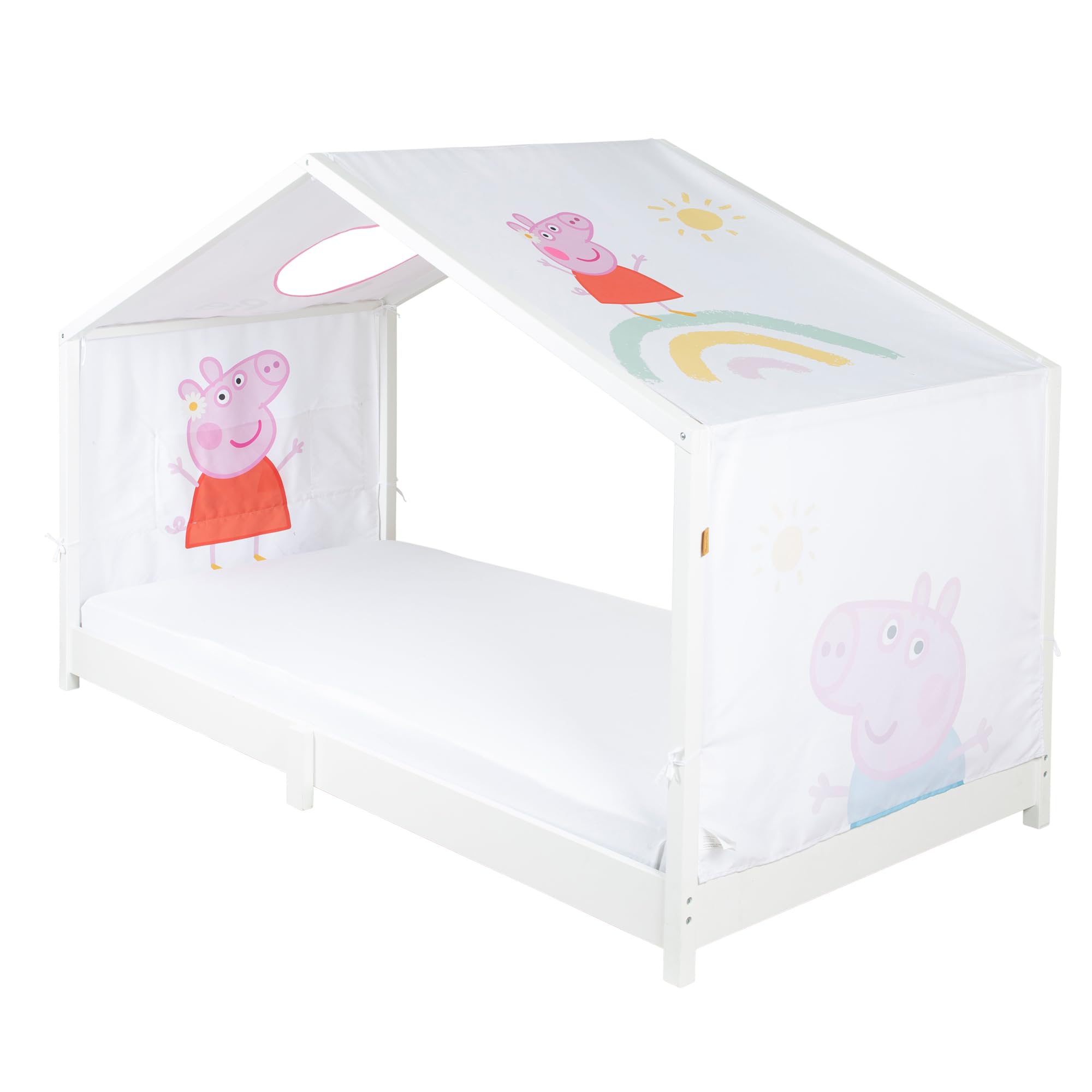Funda roba para camas Montessori tipo casita 90 x 200 cm con diseño Peppa Pig - Accesorio para convertirla en cama con dosel - Incluye 3 bolsillos y ventana en el techo