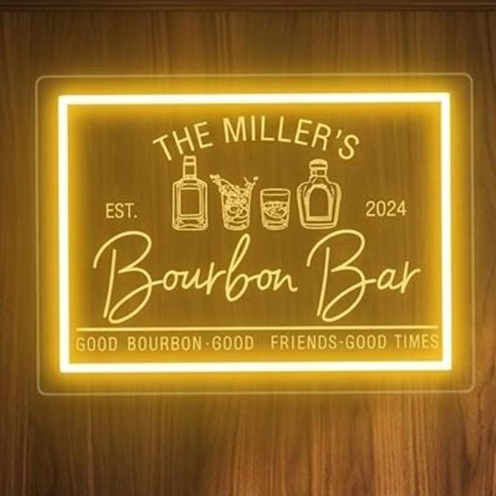 Custom Bourbon Bar Neon Sign – Personalized Family Name LED Light with Whiskey Bottles – USB Powered Hanging Gift for Men — image 1