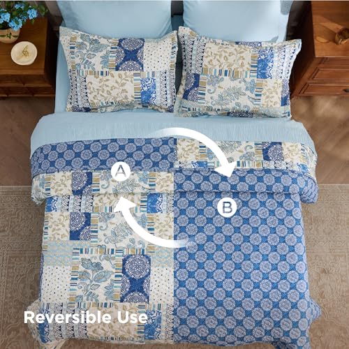 Image of Bedsure Patchwork Quilt Queen Size, Reversible Boho Comforter Bedding, Blue
