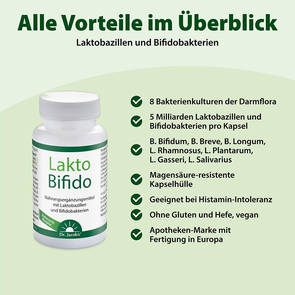 Dr. Jacob's LaktoBifido 90 Kapseln I Laktobazillen und Bifidobakterien | Garantiert 5 Mrd. lebende Keime pro Kapsel I geeignet bei Histaminintoleranz (HIT) I ohne Hefe und Gluten I 90 Portionen