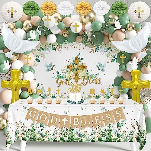 Baptism Decorations Bautizo Decorations Mi Bautizo Party Supplies First Communion Decor Boys Girls Baby Shower Christening Decorations God Bless Backdrop Tablecloth Banner Balloons Garland (Baptism01)