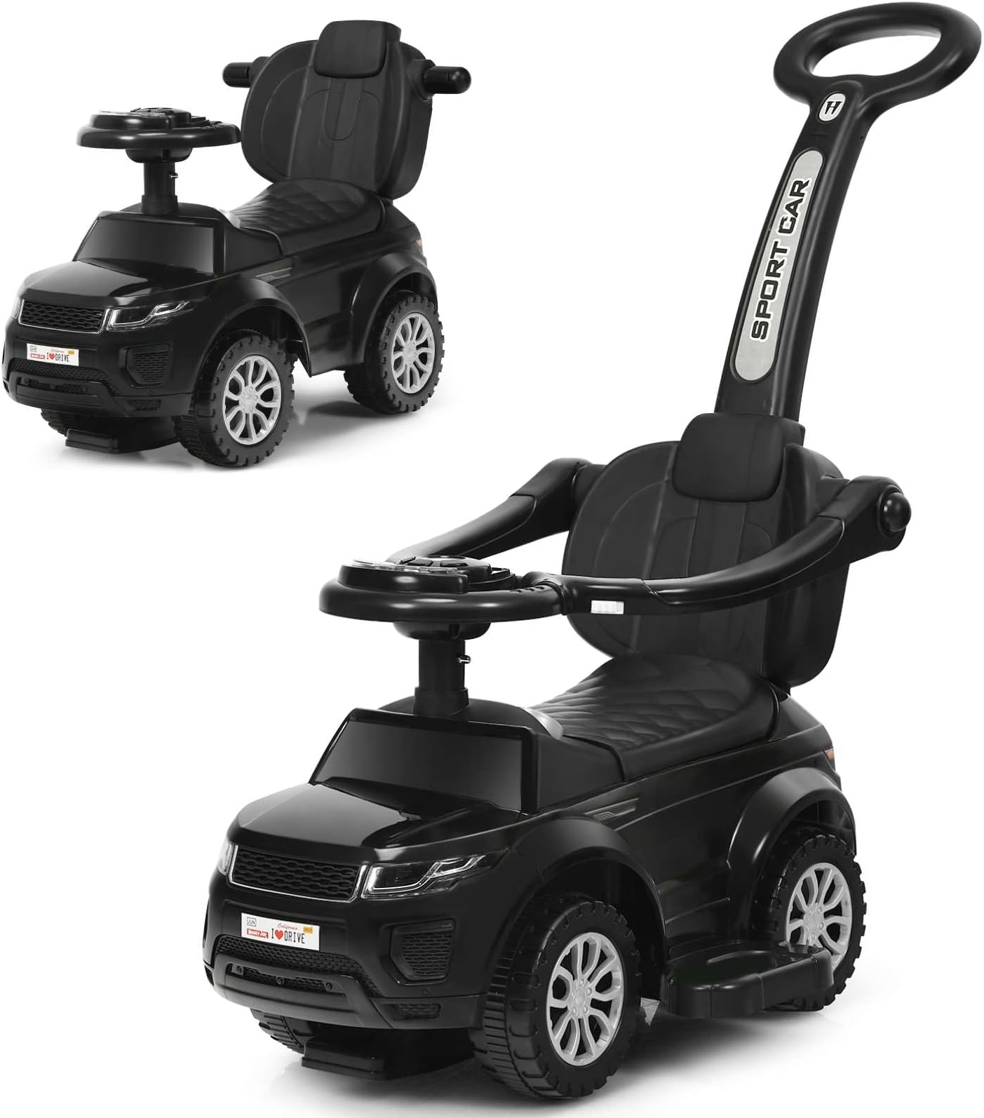 GYMAX 3 in 1 Kids Ride on Push Car, Push Along Car with Handle, Guardrails, Lights, Horn & Music, Underneath Storage, Toddler Sliding Toy for 1-3 Years Old Boys Girls (Black)