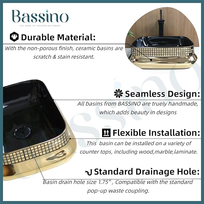 Image of BASSINO 18x14x6 Inches Ceramic Counter Top Wash Basin /1 Year Warranty /Black & Gold Basin for Bathroom /Rectangular Shape Tabletop Washbasin for Restaurant /Dining Hall /Living Room /Home(Glossy)