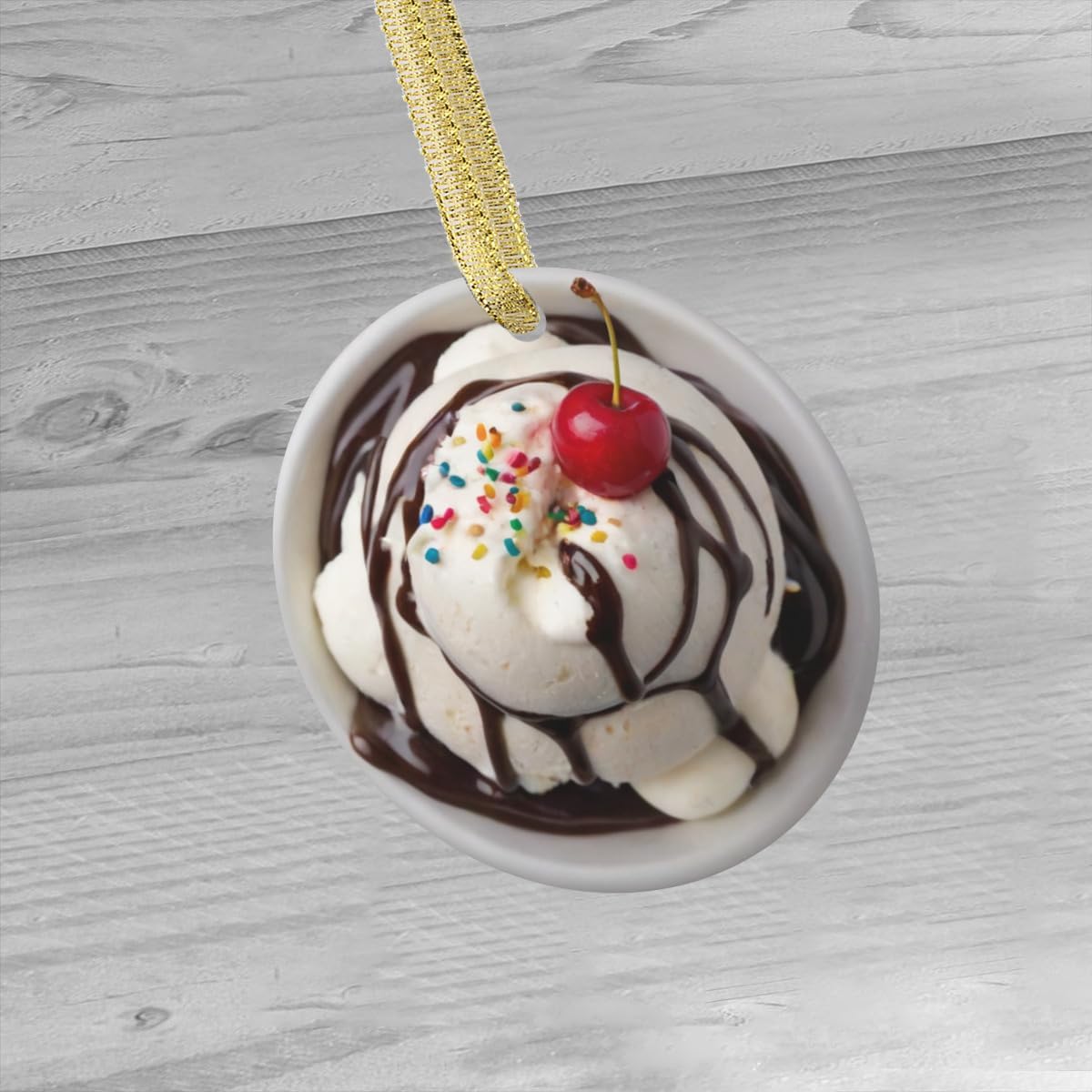 Custom Personalized Christmas Ornament Vanilla Ice Cream Sundae Cute with Chocolate Syrup Cute Foodie Gifts Holiday Food Themed Ornaments (Flat Design - NOT 3D)