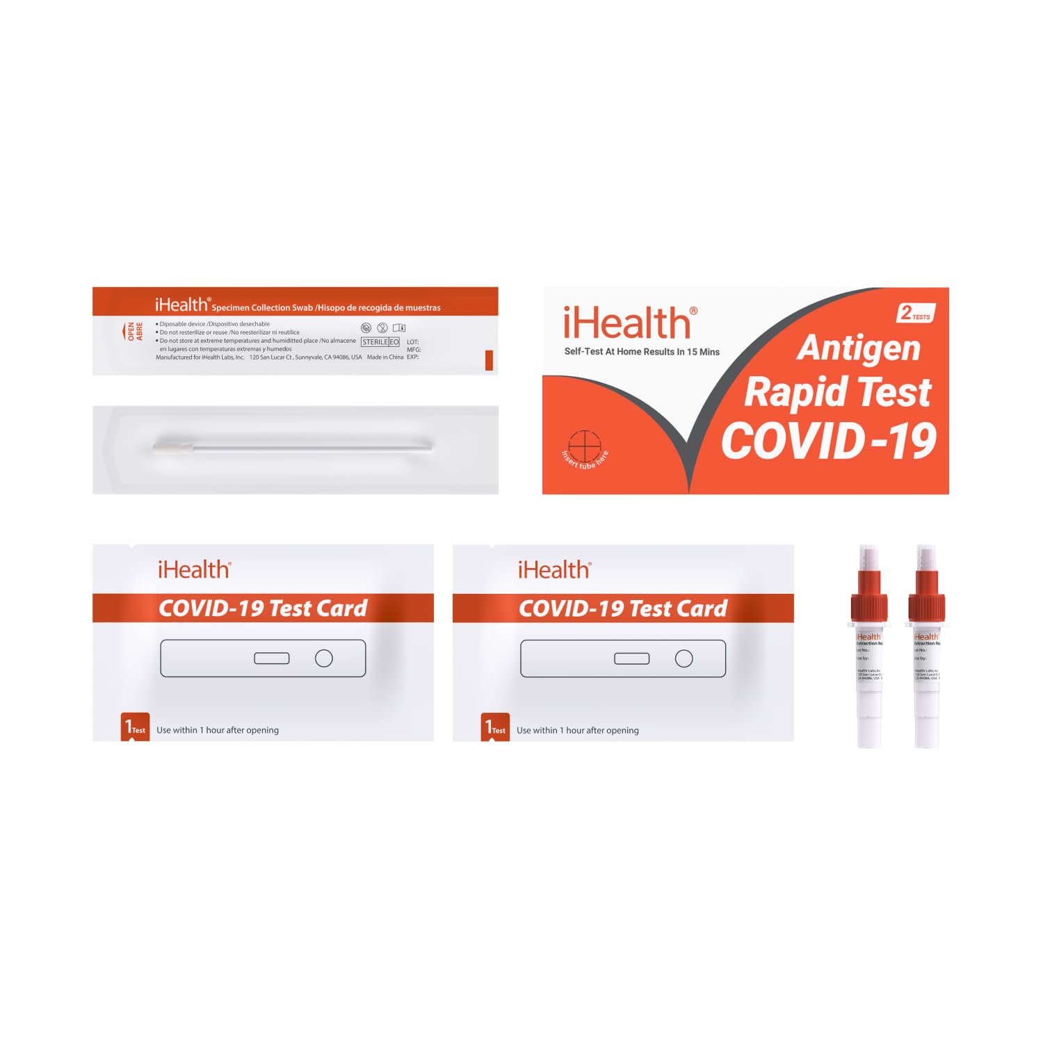 iHealth COVID-19 Antigen Rapid Test, 1 Pack, 2 Tests Total, FDA EUA Authorized OTC at-Home Self Test, Results in 15 Minutes with Non-invasive Nasal Swab, Easy to Use & No Discomfort
