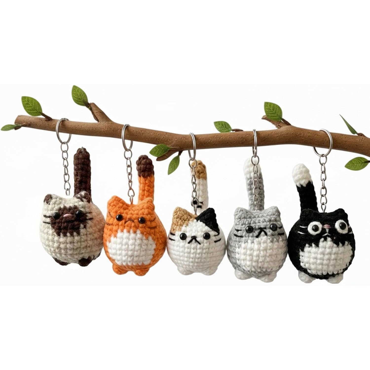 HAPLOVE Crochet Cat Set, 5 Pcs Cute Knitted Kitty Bag Charms, Soft Yarn, Kawaii Animal Backpack Purse Accessories, Keychain Making,Pet Lover Gifts for Women Girls Teens