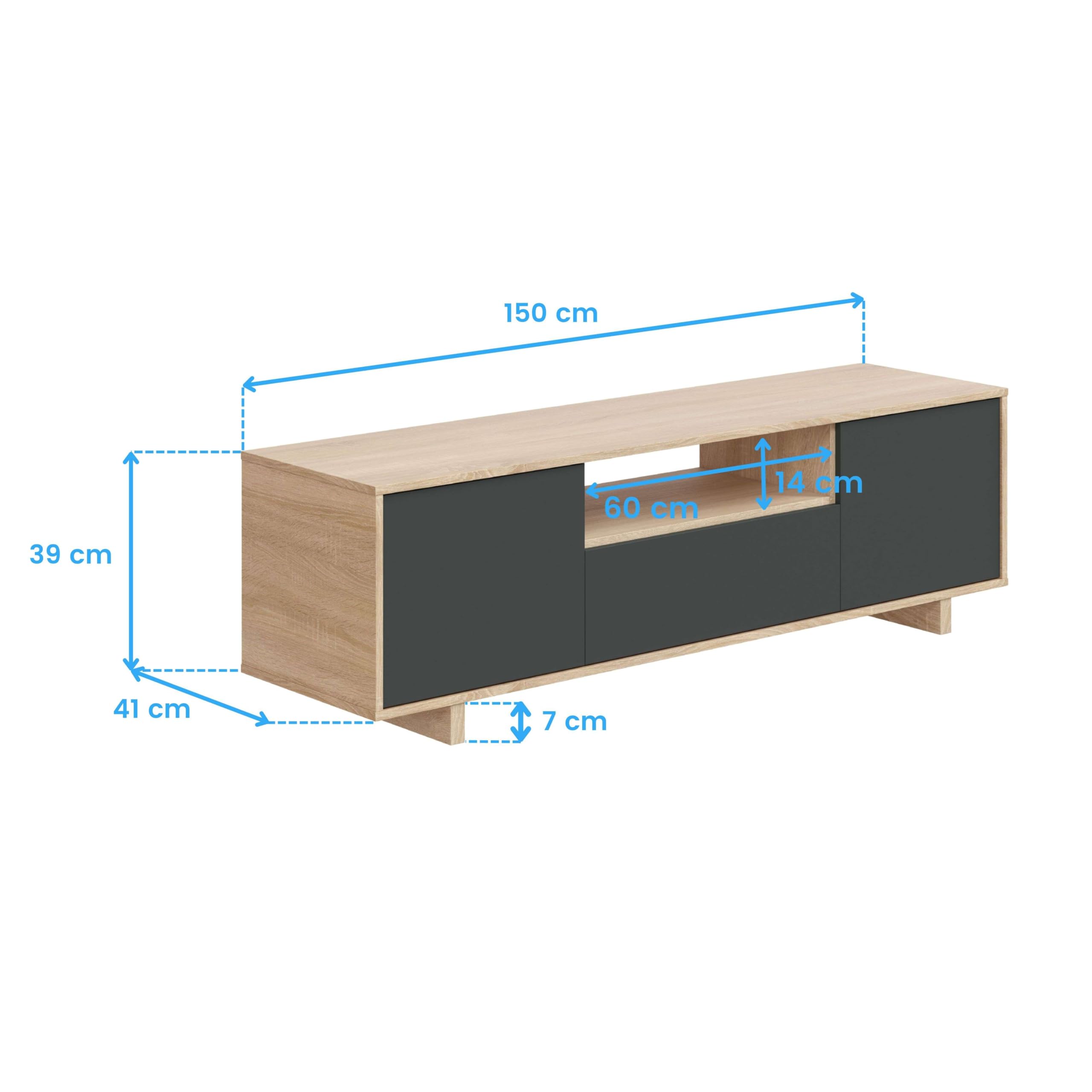 Habitdesign Modèle Zaira Meuble TV, finition chêne canadien et gris anthracite, dimensions : 150 x 46 x 41 cm (l x H x P).