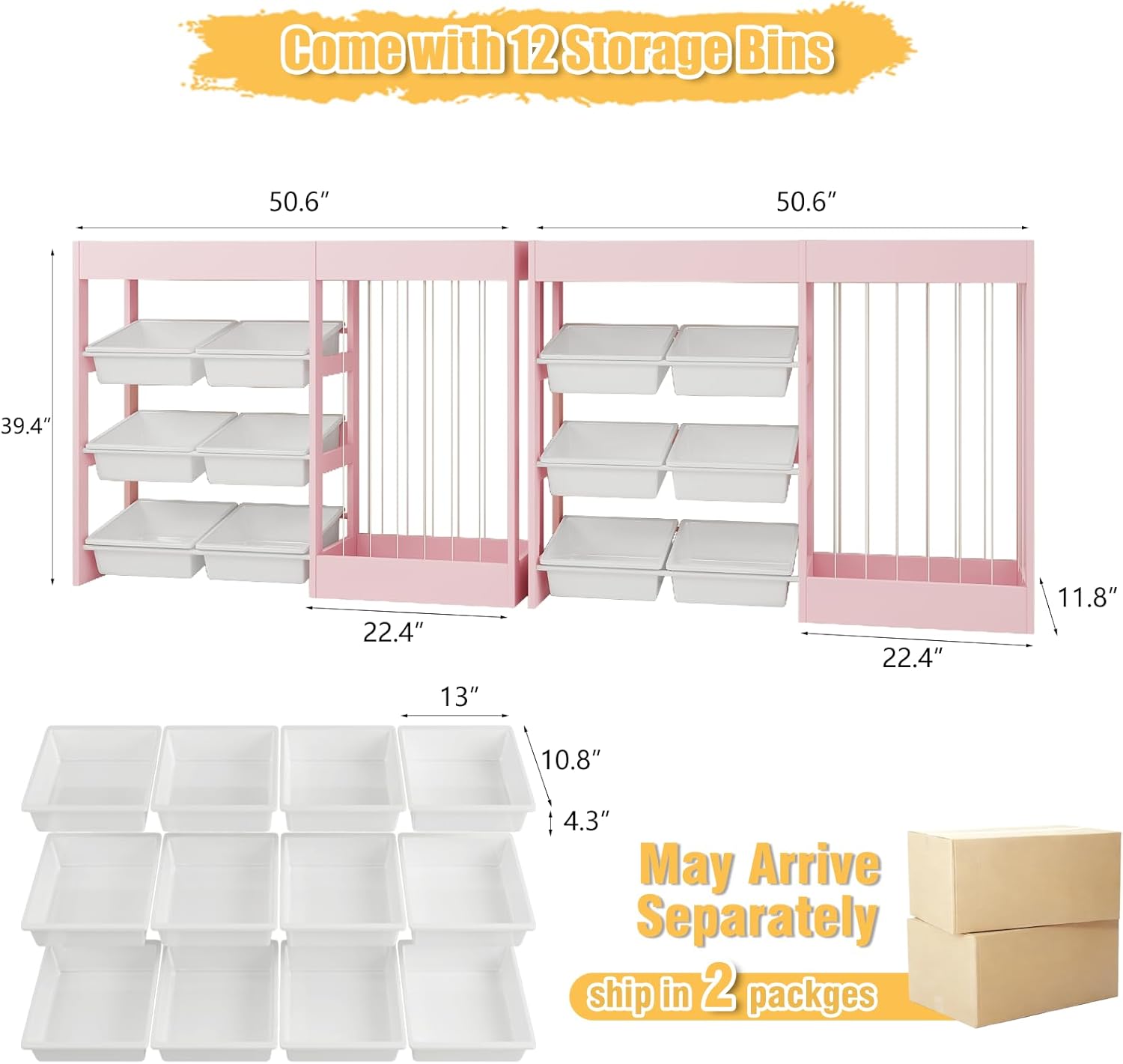 2PCS Stuffed Animal Storage, 50.6" W Large Toy Storage Organizers, 12 Toy Bins with Kids Bookshelf, Playroom Organization and Stuffed Animal Holder for Kids Room, Playroom, Bedroom Pink