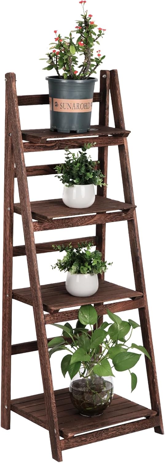 Funkeen Wood Plant Stand Indoor 4-Tier Foldable Plant...