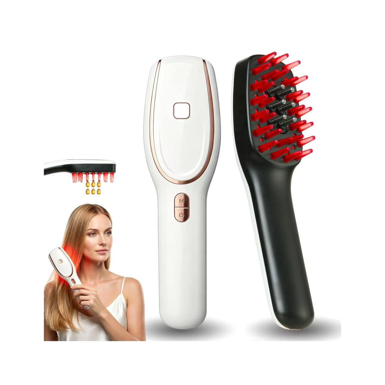 Hair Oil Applicator— Red and Blue Light Mode，Hair Growth Oil Applicator,3 in 1 Scalp Massager ，3 Vibration Modes,with Soft Silicone Bristles and Essential Oil Application Rollers（White）