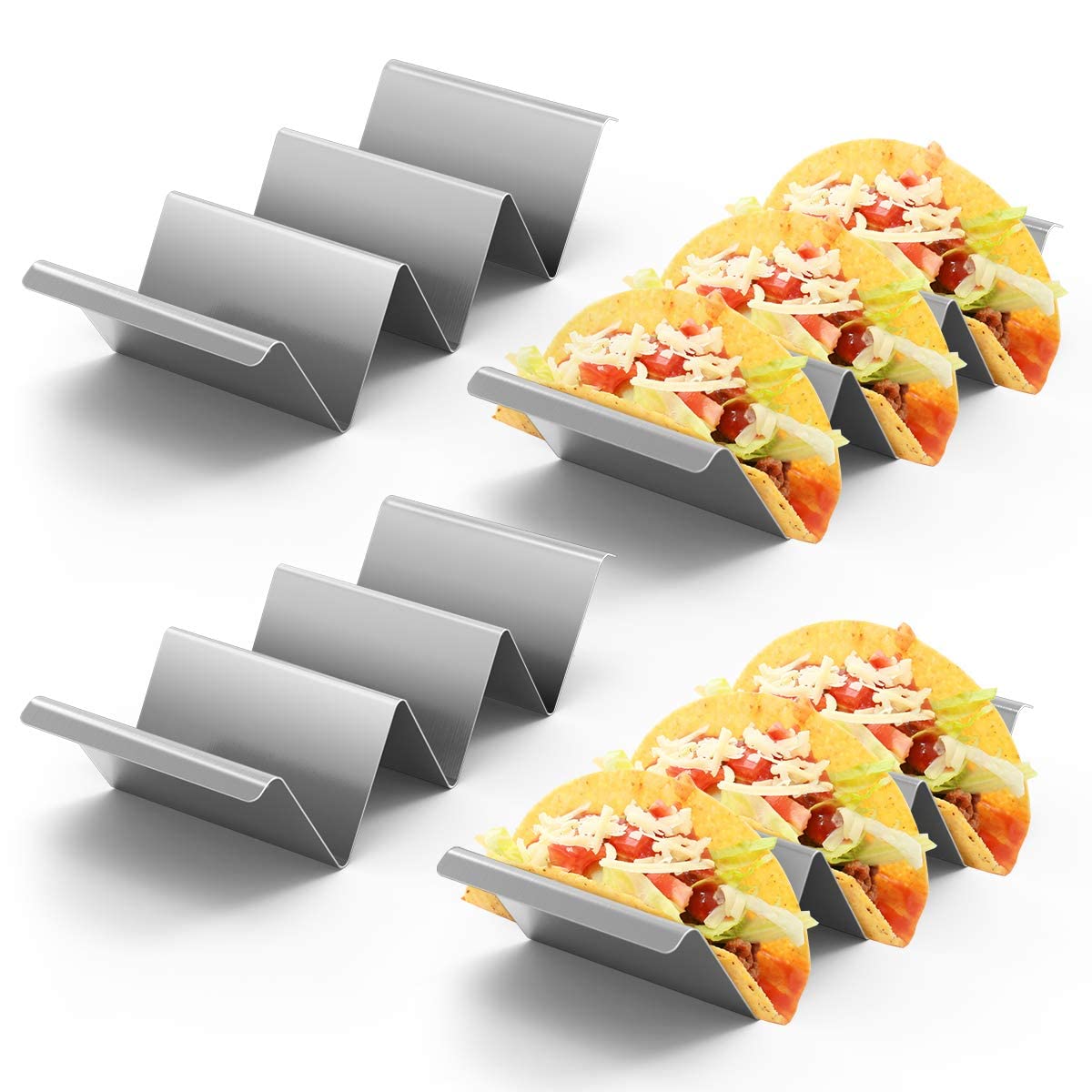 Taco Holder Stand, Set of 4 Stainless Steel Taco Rack Shell with Handles Taco Truck Tray Holds Up to 3 Tacos Dishwasher & Oven & Grill Save for Restaurant and Home Use - Silver
